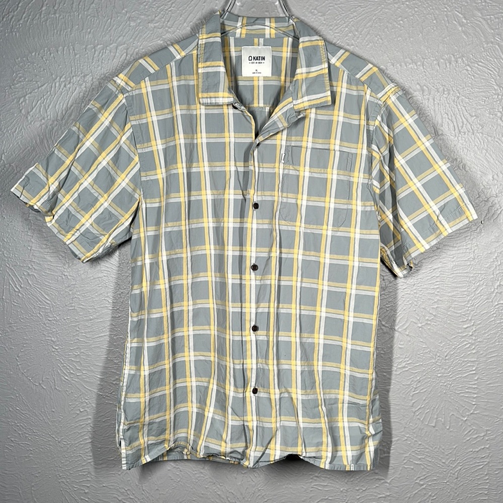 Katin Grey Yellow White Plaid Short Sleeve Button Up Shirt Men's Size XL